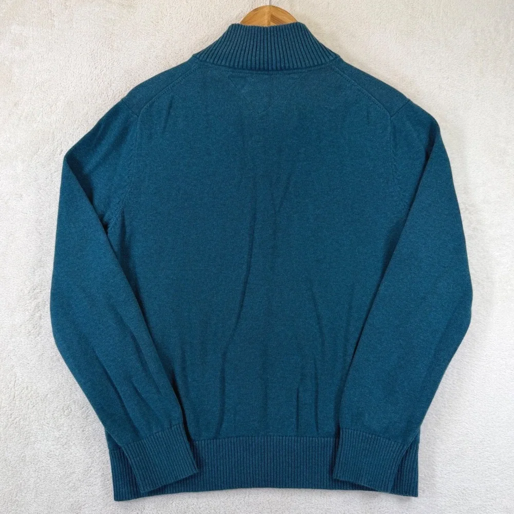 Tommy Hilfiger Mens Teal Blue Heather 1/4 Zip Cotton Pullover Sweater L